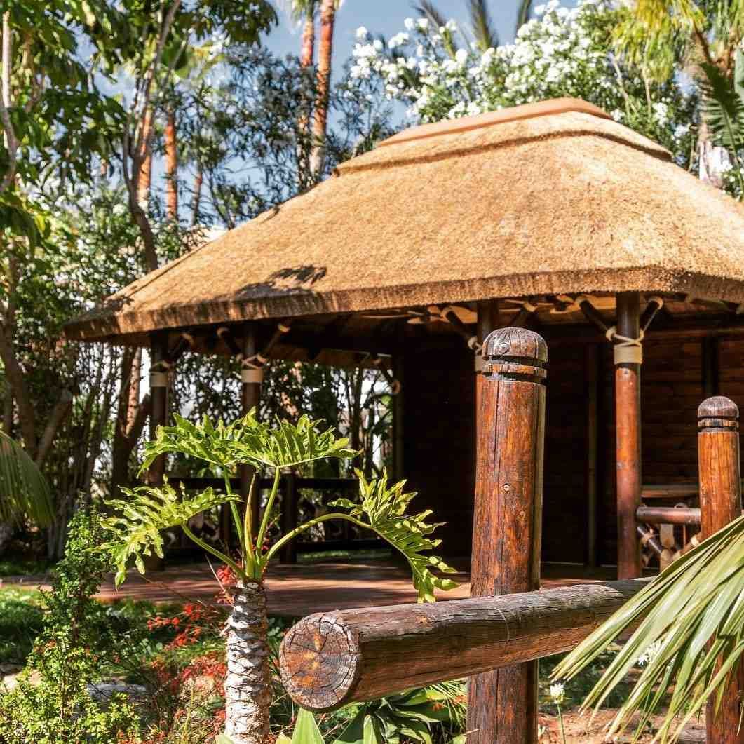 Cabaña con techo de paja en un entorno verde y exuberante con palmeras y pilares de madera.
