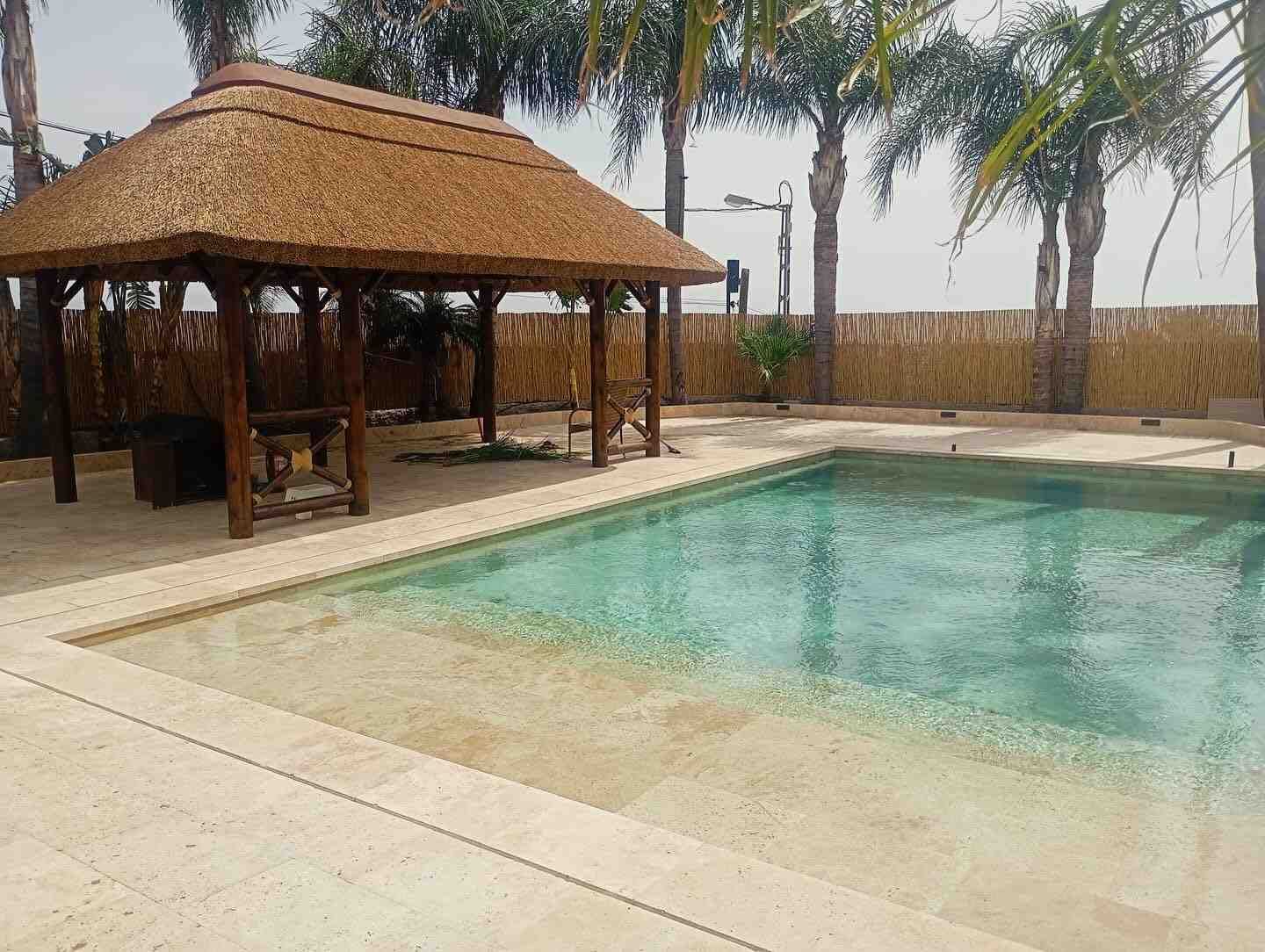Cenador con techo de paja junto a una piscina y palmeras al fondo.