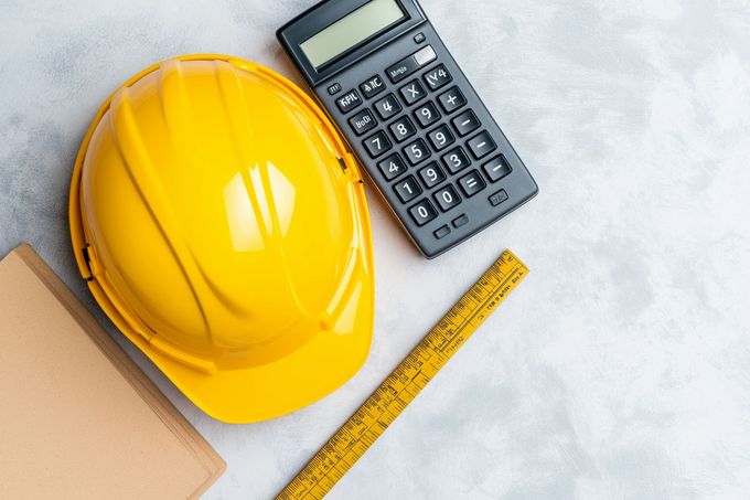 Casque de chantier, calculatrice et régle