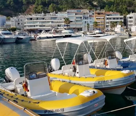 Varias lanchas neumáticas amarillas y grises con toldos blancos están atracadas en un puerto con edificios al fondo.
