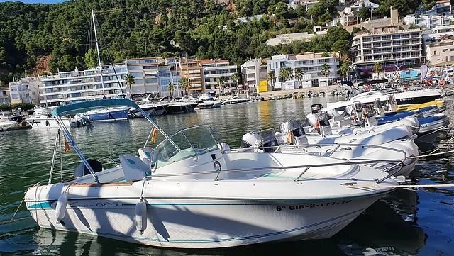 Un barco blanco está atracado en un puerto con una ciudad al fondo.