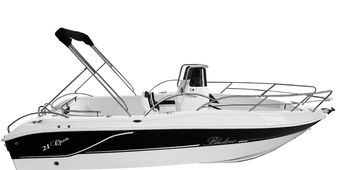 Una lancha motora blanca con consola central, una franja negra en el casco y un toldo bimini negro, vista de perfil.