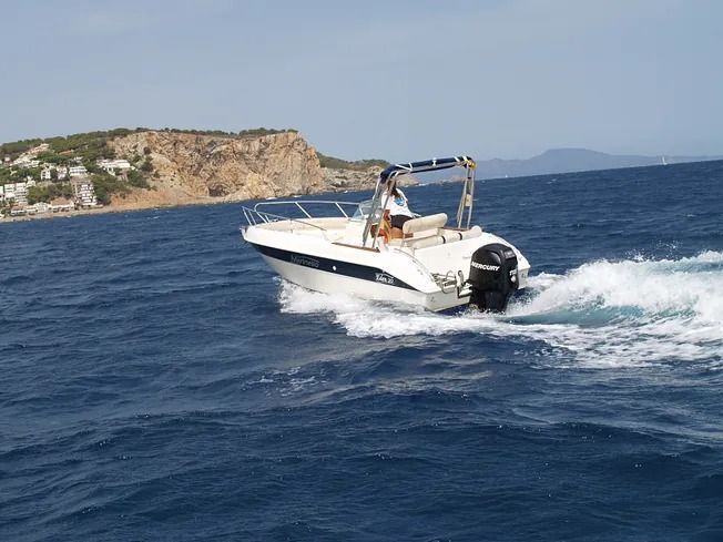 Un barco blanco flota sobre una gran masa de agua.