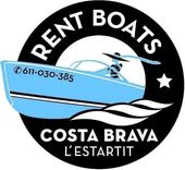 Logotipo circular para el alquiler de barcos en L'Estartit, Costa Brava, con un barco azul, texto y un número de teléfono.