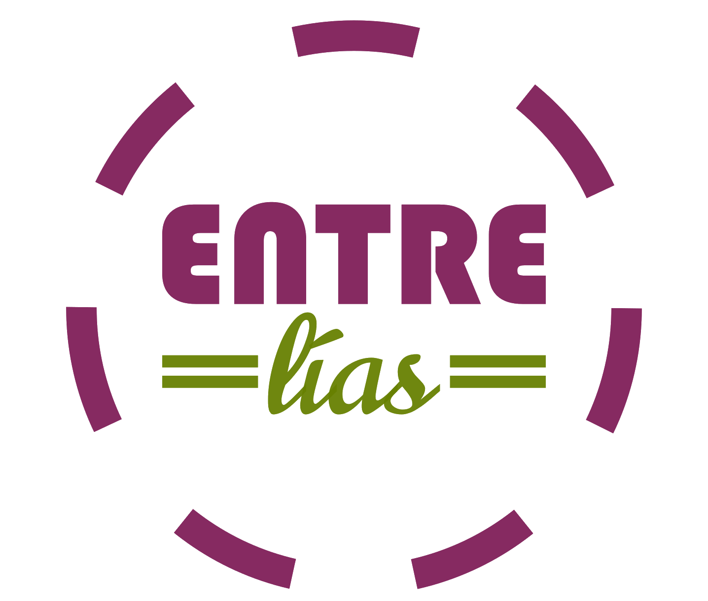 El logotipo de Entre las es morado y verde y tiene un círculo alrededor.