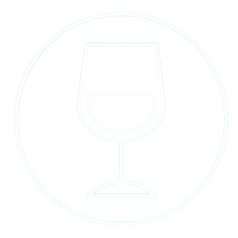 Una copa de vino en un círculo sobre un fondo blanco.