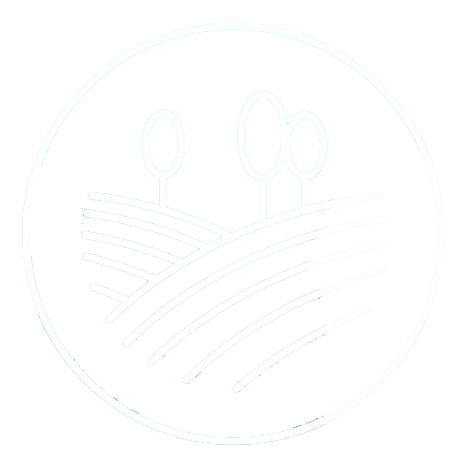 Un dibujo de un campo con árboles en un círculo sobre un fondo blanco.