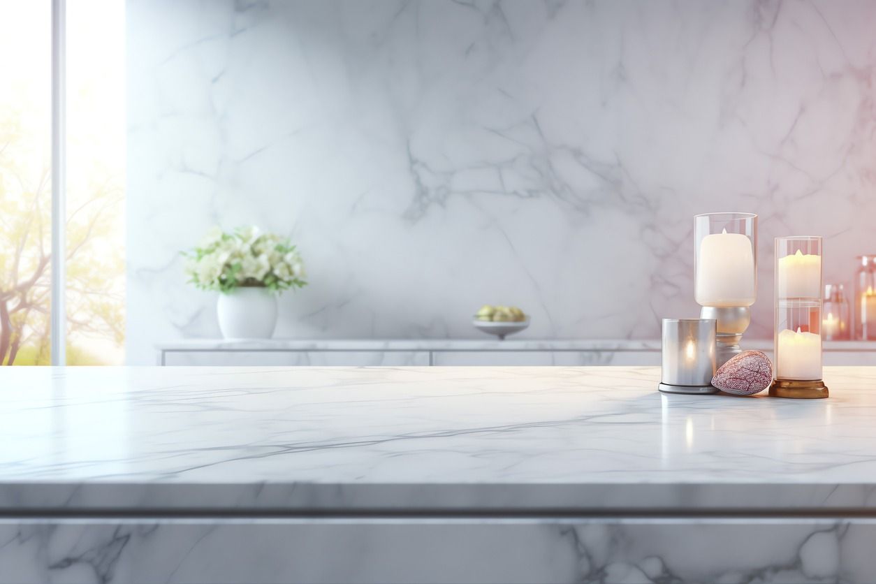 Una encimera de mármol con velas en un baño.