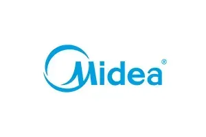 Logotipo da Midea com um "M" estilizado em azul dentro de um círculo azul, ao lado do texto "Midea".