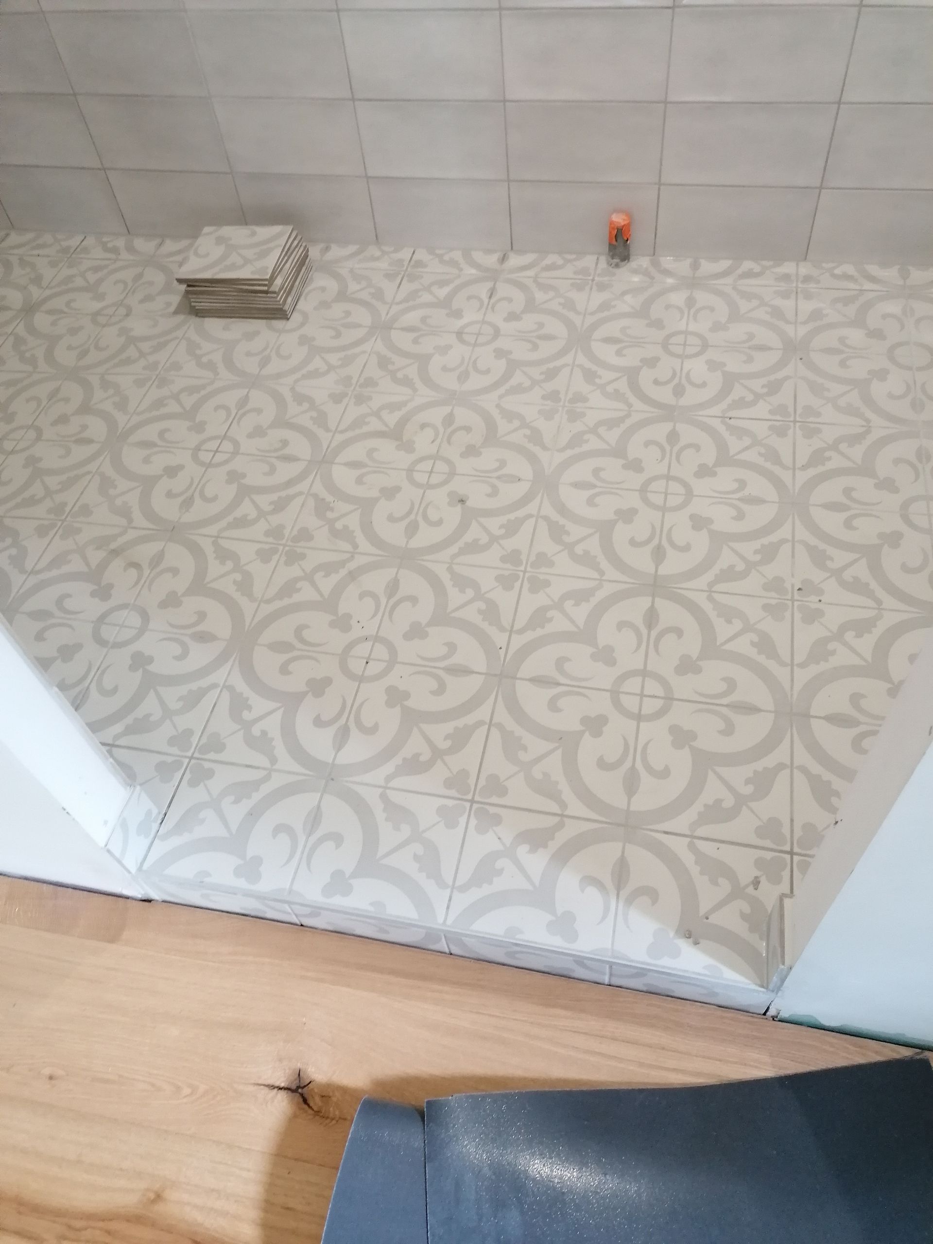 Un sol de salle de bains recouvert de carreaux décoratifs à motifs de couleur claire, qui se fondent harmonieusement avec un parquet clair au niveau du seuil.