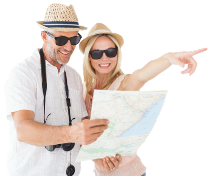 Photo détourée d'un couple de touristes avec une carte et un appareil photo