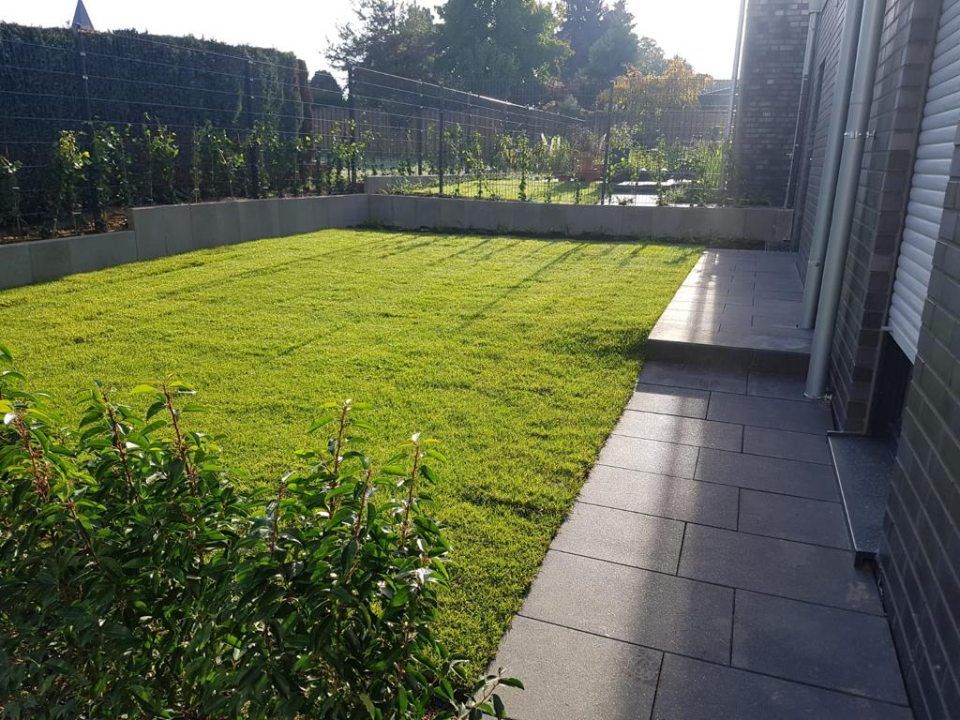 Ein üppiger grüner Rasen mit einem Ziegelweg, der dorthin führt