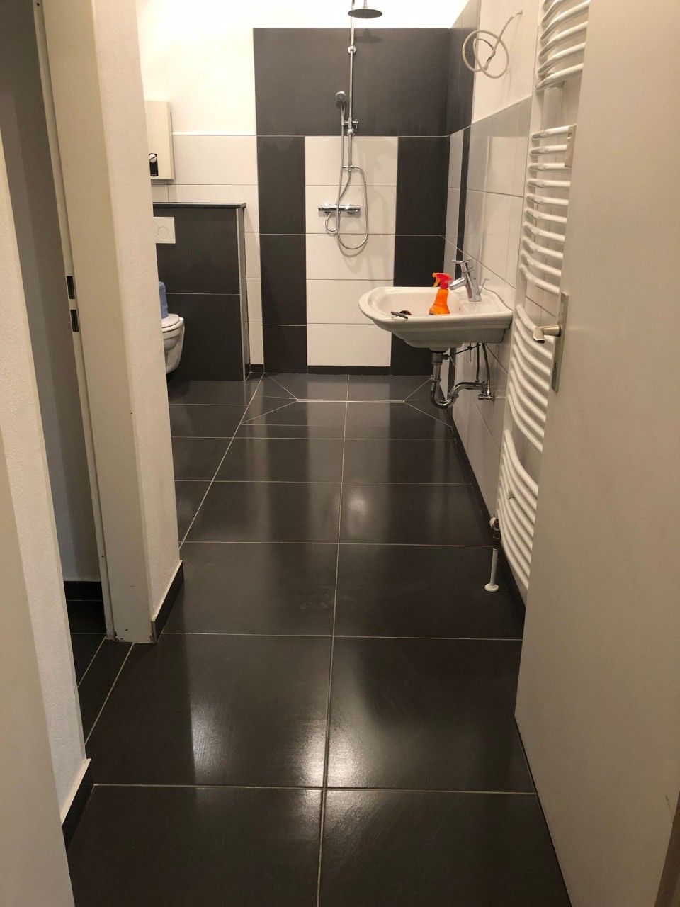 Ein Badezimmer mit Waschbecken, Toilette und Dusche.