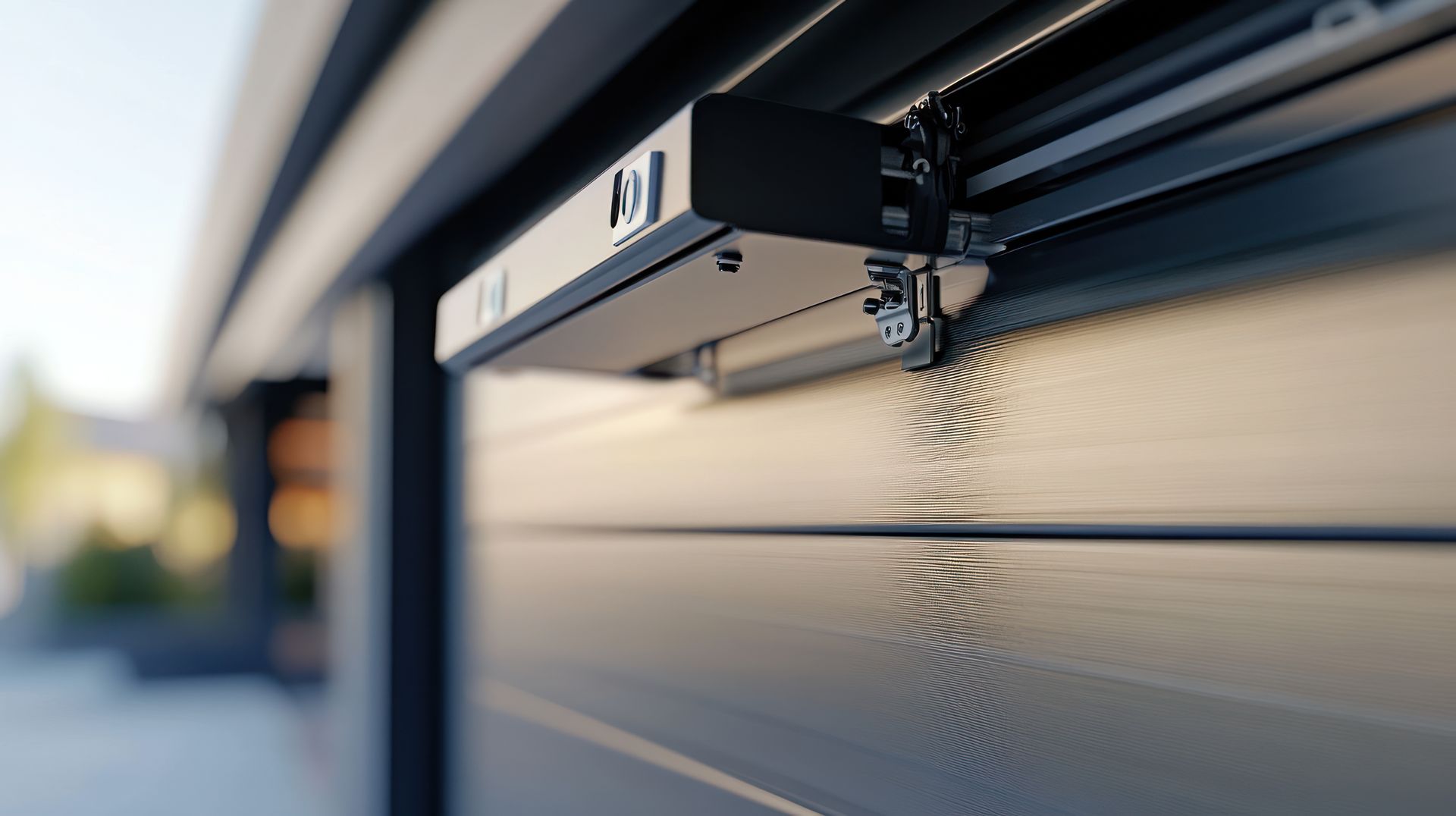 Gros plan sur le moteur d'un ouvre-porte de garage sur un rail métallique au crépuscule