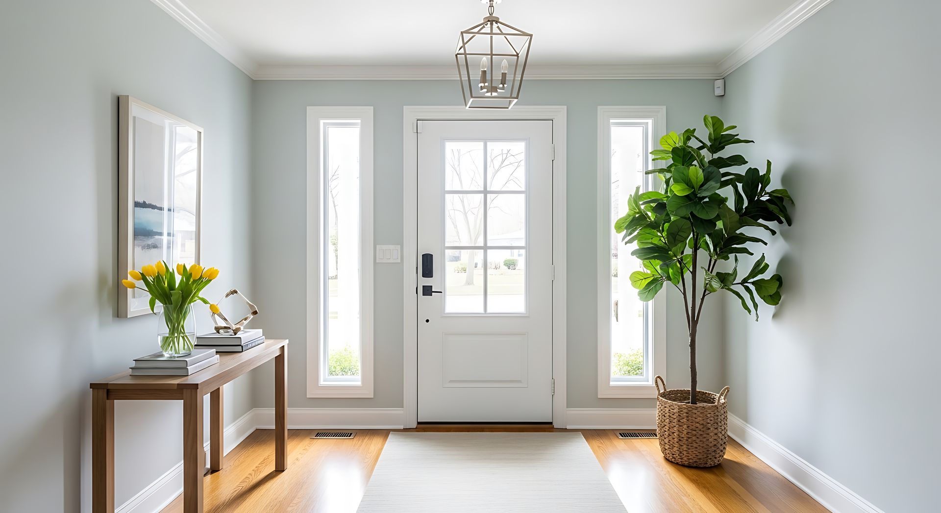 Hall d'entrée lumineux avec porte d'entrée blanche, fenêtres étroites, parquet, console en bois et plante en pot.