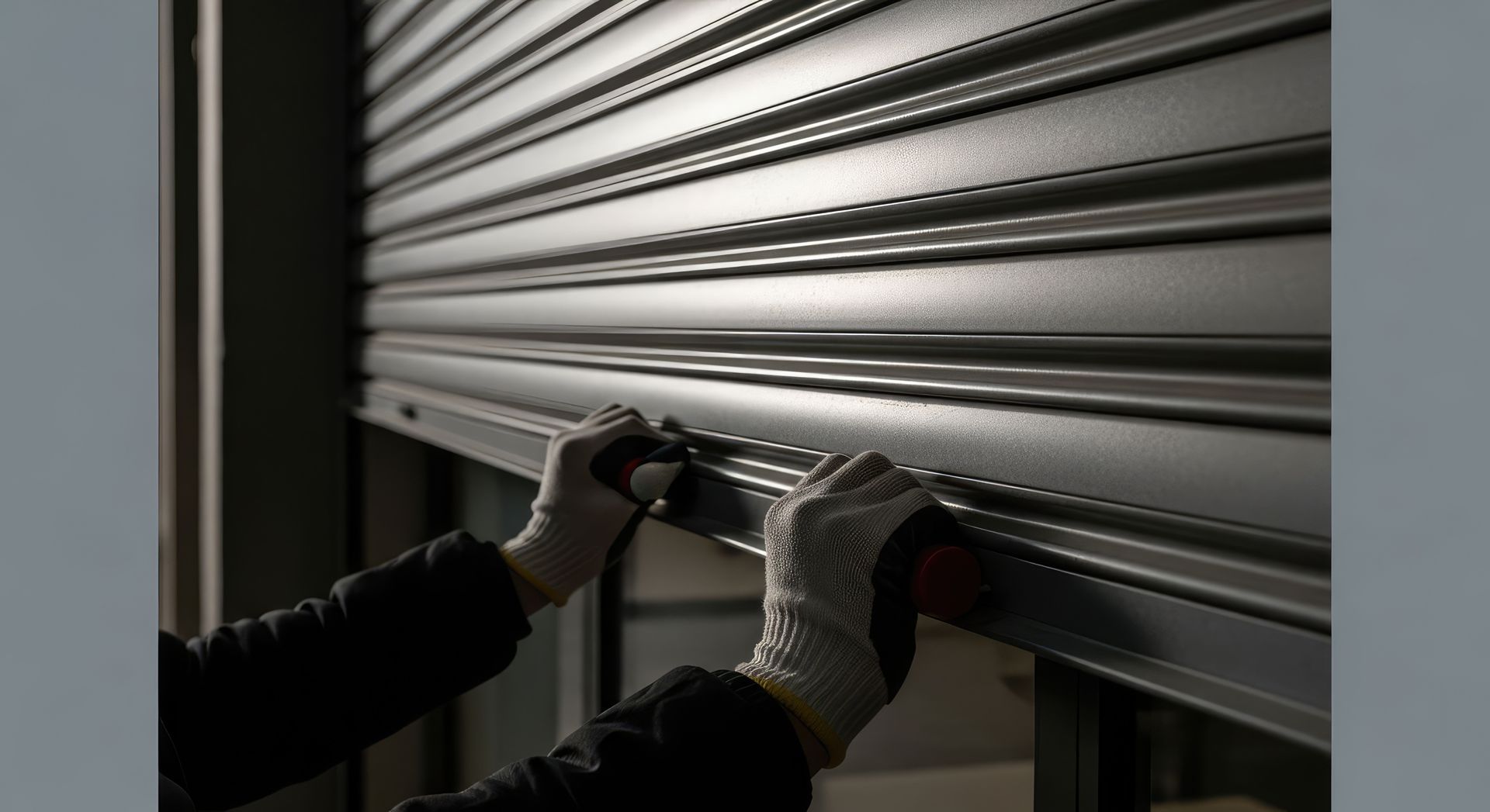 Des mains ouvrant une porte sectionnelle métallique grise dans un environnement industriel sombre