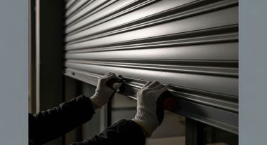 Des mains ajustent, installent ou fixent un volet roulant métallique.