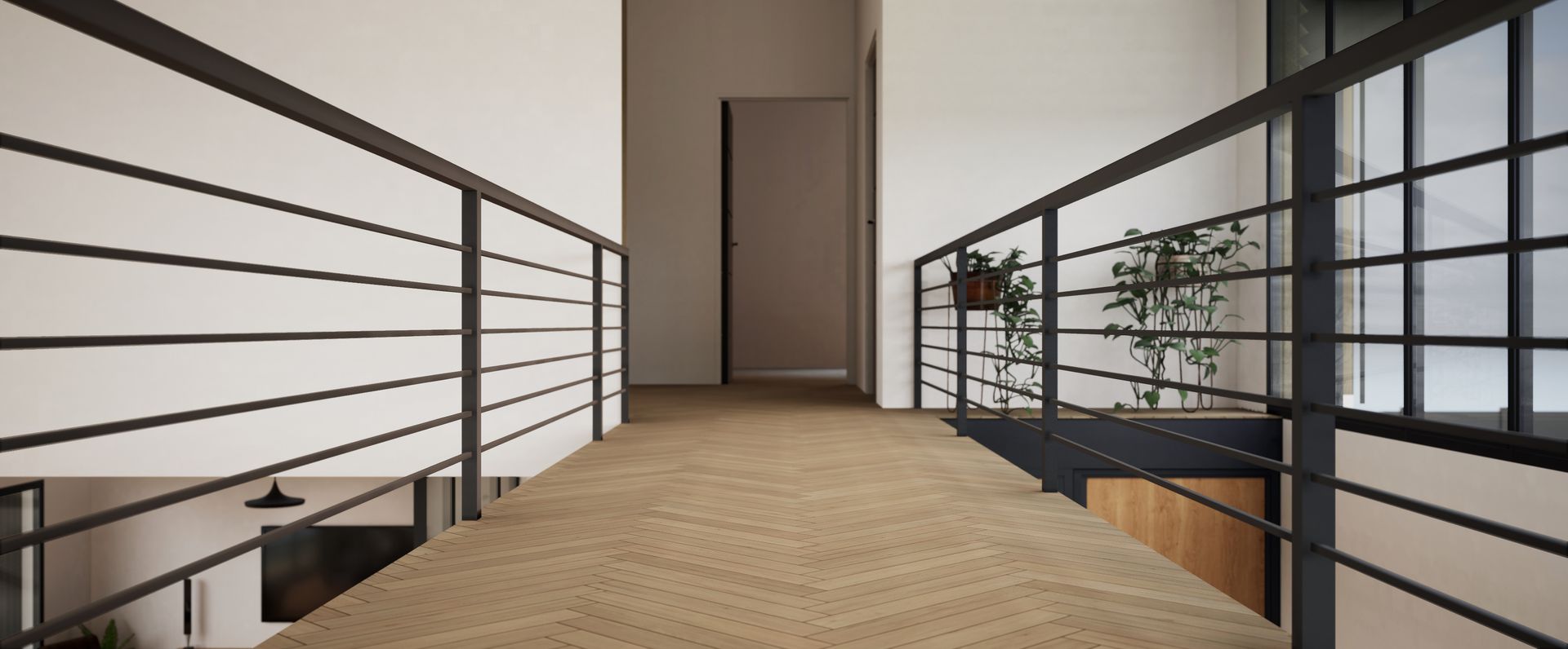 Passerelle moderne avec parquet en chevrons, rampes noires métalliques.