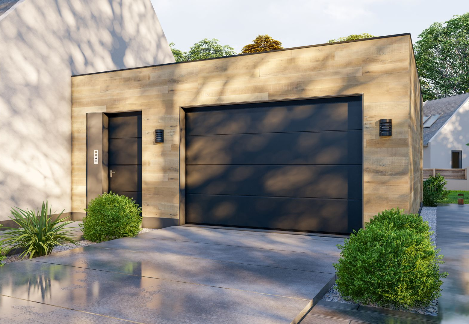 Maison moderne à l'extérieur en stuc beige, avec porte de garage noire, entrée principale et arbustes dans l'allée.