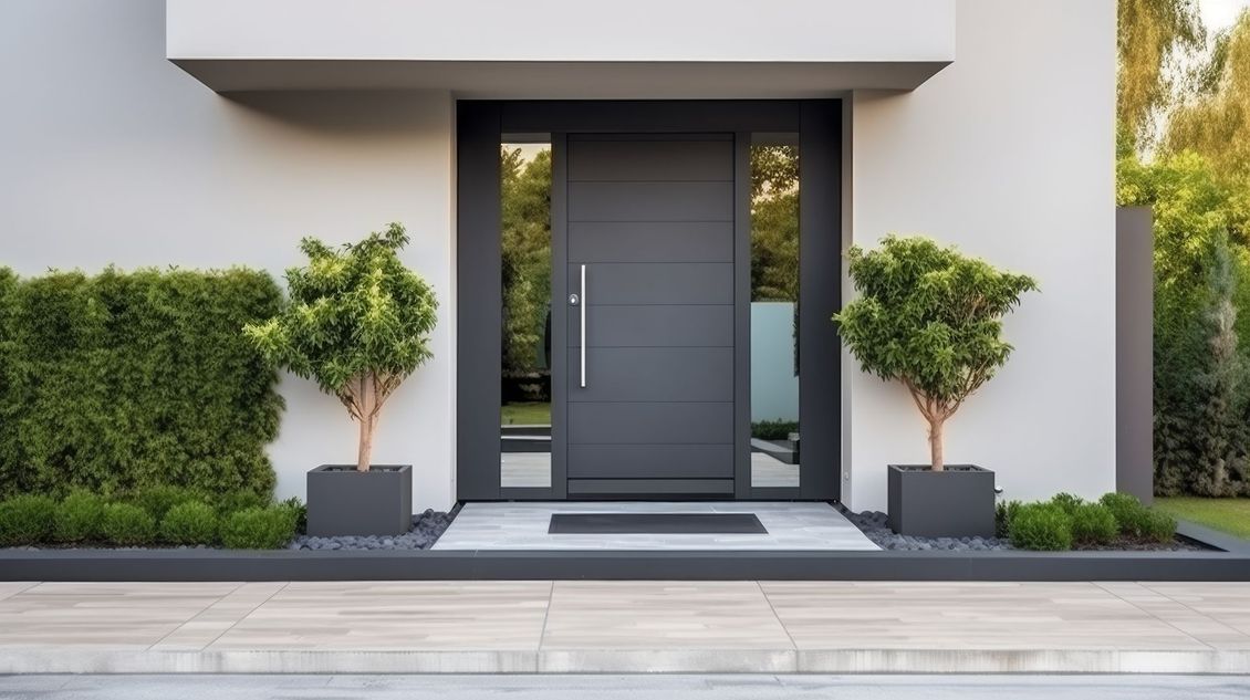 Entrée d'une maison moderne avec une porte d'entrée anthracite, des arbres en pot et des haies soigneusement taillées.