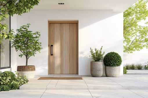 Entrée de maison moderne avec une porte d'entrée en bois, des plantes en pot et une façade blanche.
