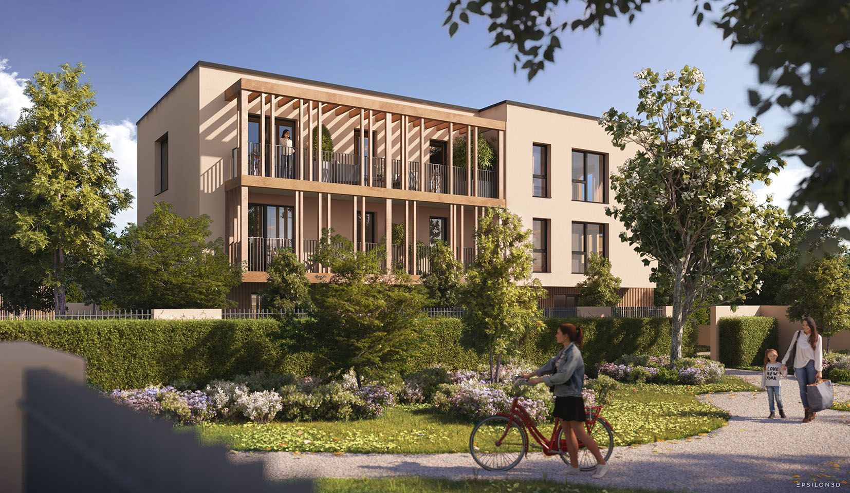 Bâtiment moderne, piétons, vélos, verdure.