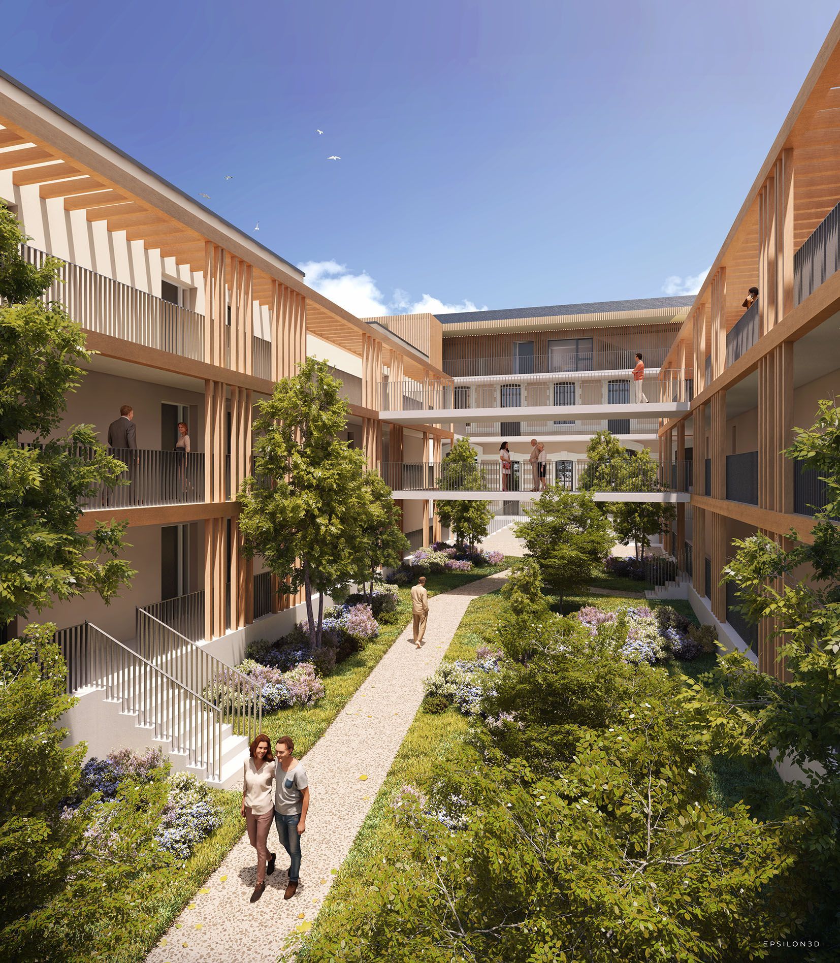 Cour intérieure avec balcons. Des passants empruntent un chemin de pierre bordé d'arbres et de parterres de fleurs.