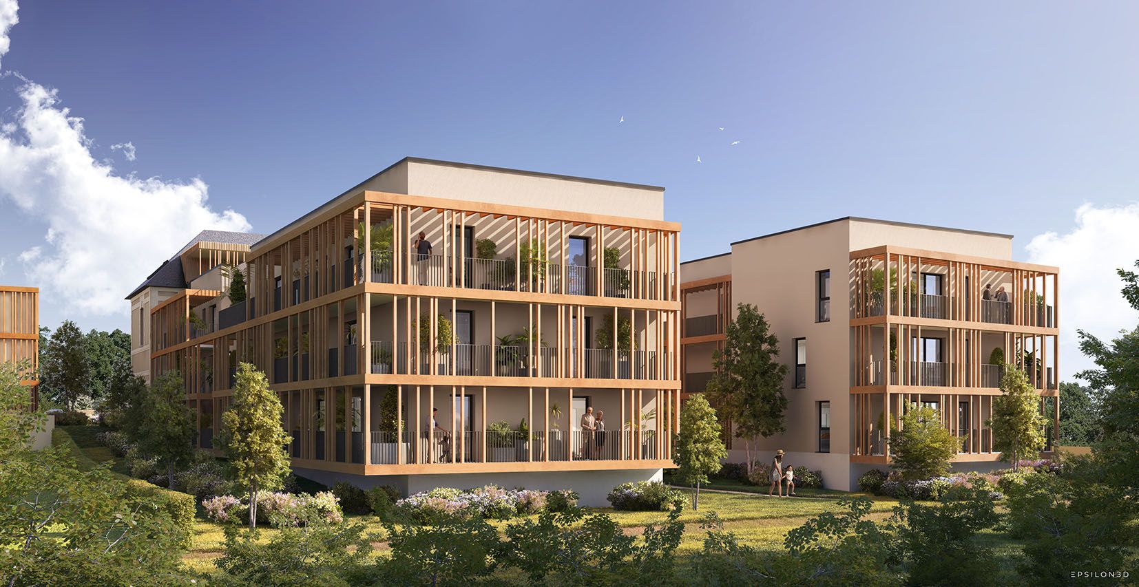 Immeubles d'appartements modernes à ossature bois, entourés d'arbres et de verdure.