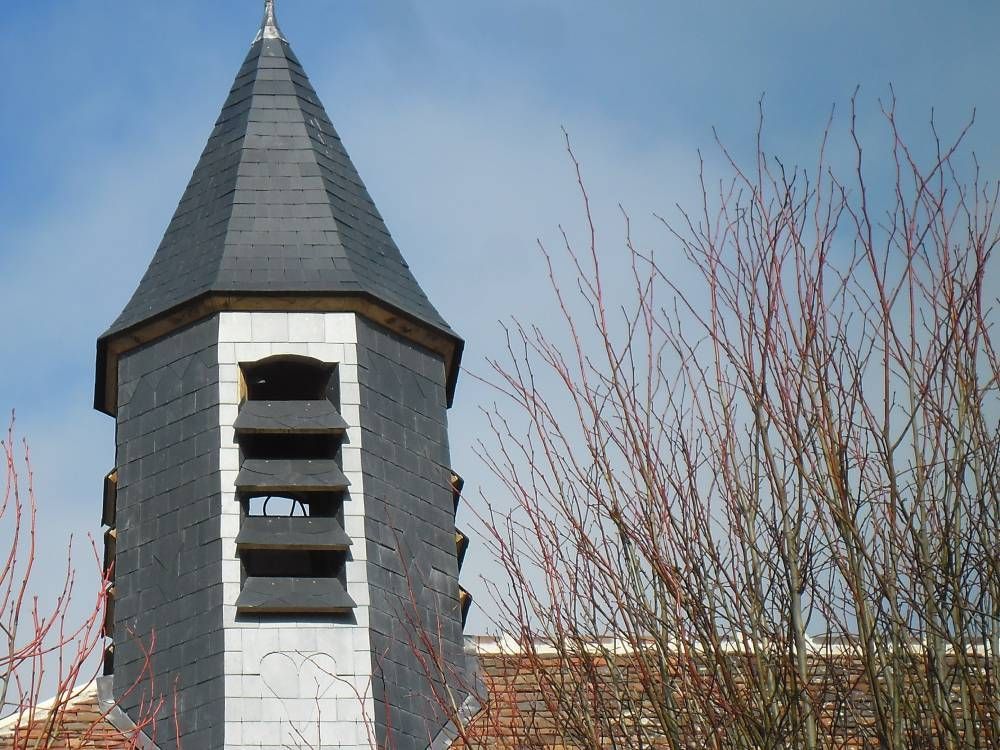 Clocher d'église au toit de bardeaux sombres et à la tour blanche se détachant sur un ciel bleu, encadré par des branches d'arbres dénudées