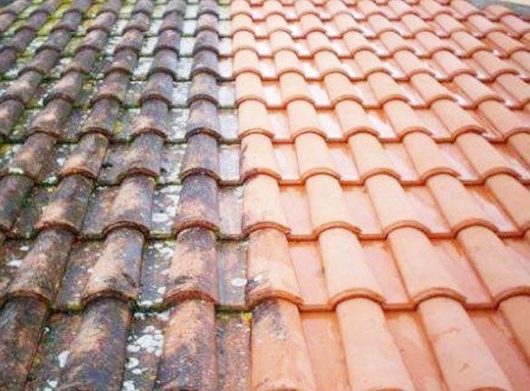 Gros plan sur un toit de tuiles, avec des tuiles moussues et abîmées par le temps à gauche et des tuiles orange propres à droite.