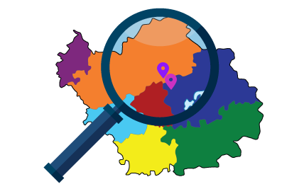 Loupe placée au-dessus d'une carte colorée avec des marqueurs de localisation, suggérant une recherche ou une analyse.