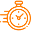 Icône de chronomètre orange avec cadran et petit bouton supérieur, le tout souligné d'orange.