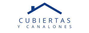 Logotipo con un icono de techo azul sobre el texto "Cubiertas y Canalones" en azul oscuro.