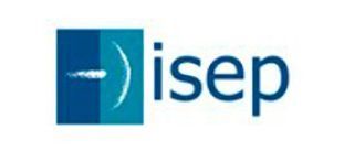 Logotipo de ISEP en azul y blanco, con texto e icono estilizados