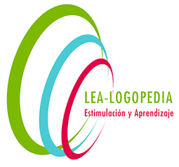 Logotipo de LEA-LOGOPEDIA con anillos verdes, cian y magenta; texto «Estimulación y Aprendizaje»