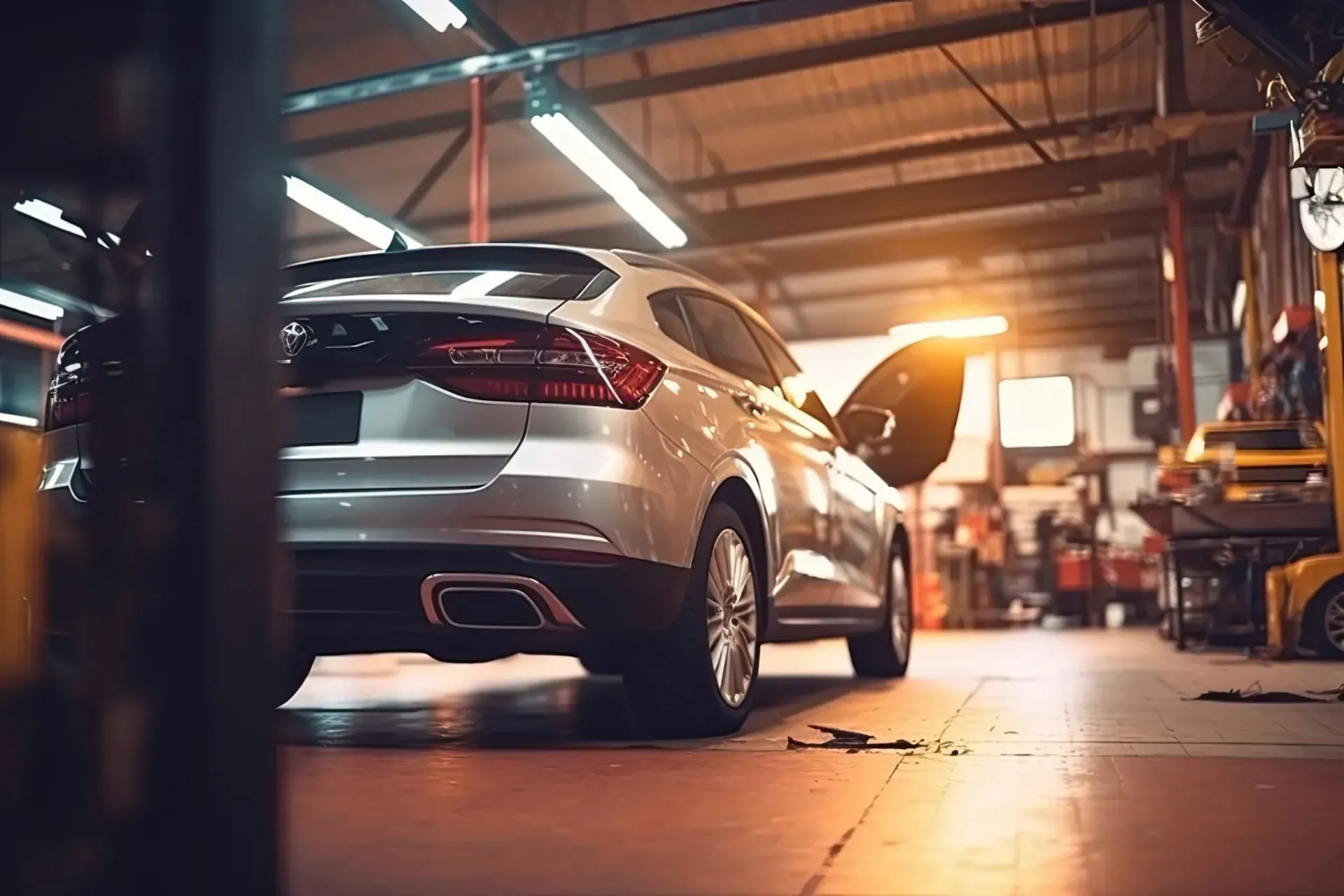 Coche plateado en un garaje con el capó abierto, las luces encendidas y el equipamiento al fondo.