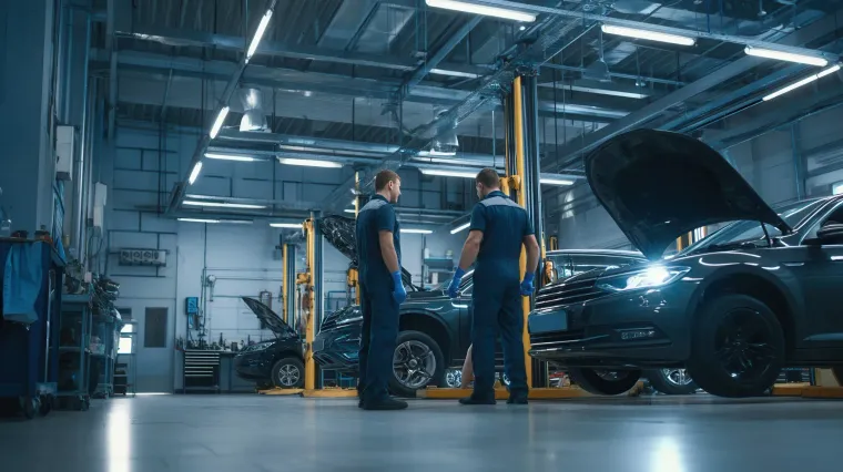 Dos mecánicos en un taller mecánico examinan un vehículo. Los coches están en elevadores y el garaje está bien iluminado.