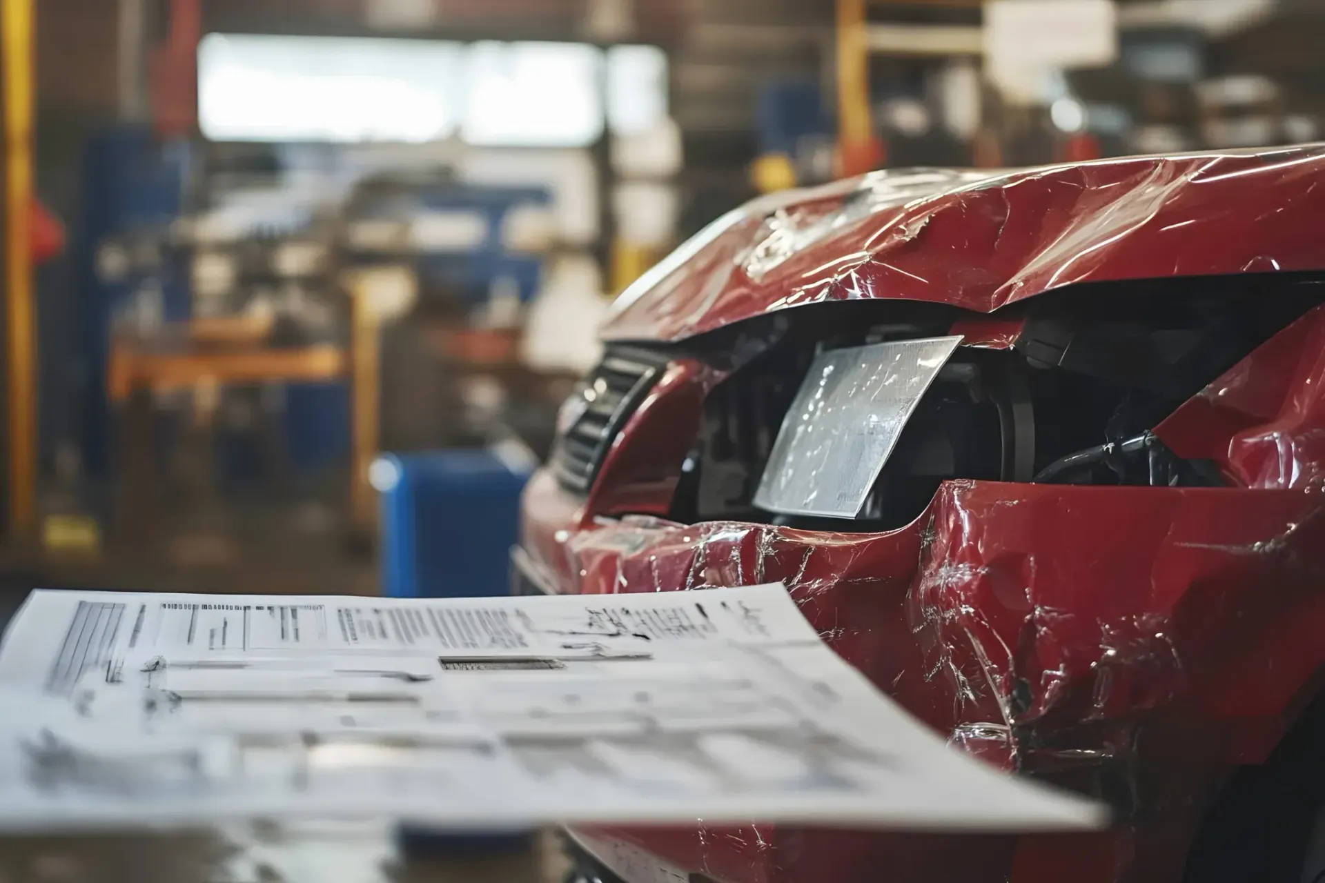 Parte delantera de un coche rojo con envoltura protectora en un entorno de fábrica, con el plano en primer plano.