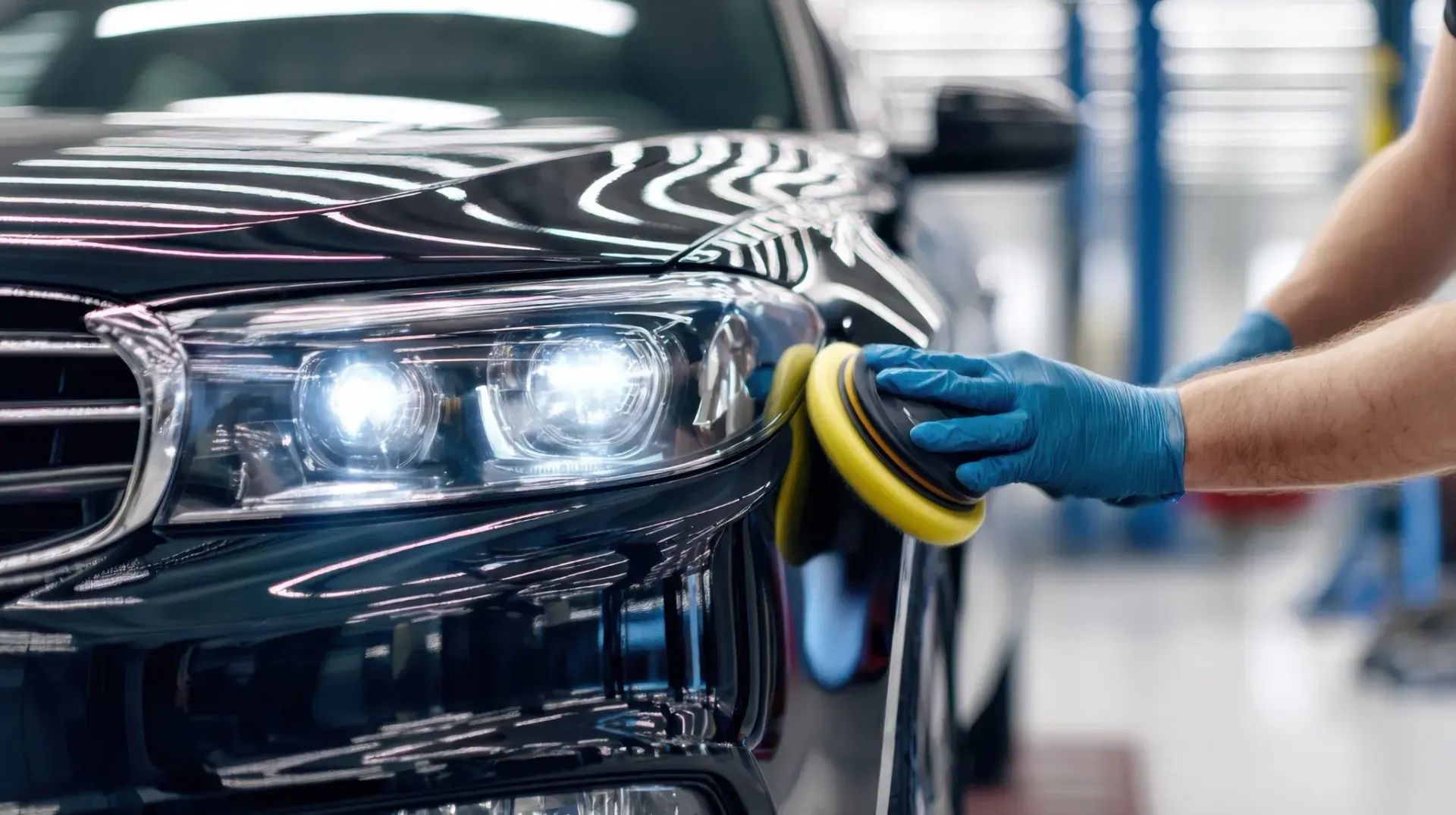 Persona puliendo el faro de un coche negro con una pulidora amarilla y azul en un garaje bien iluminado.