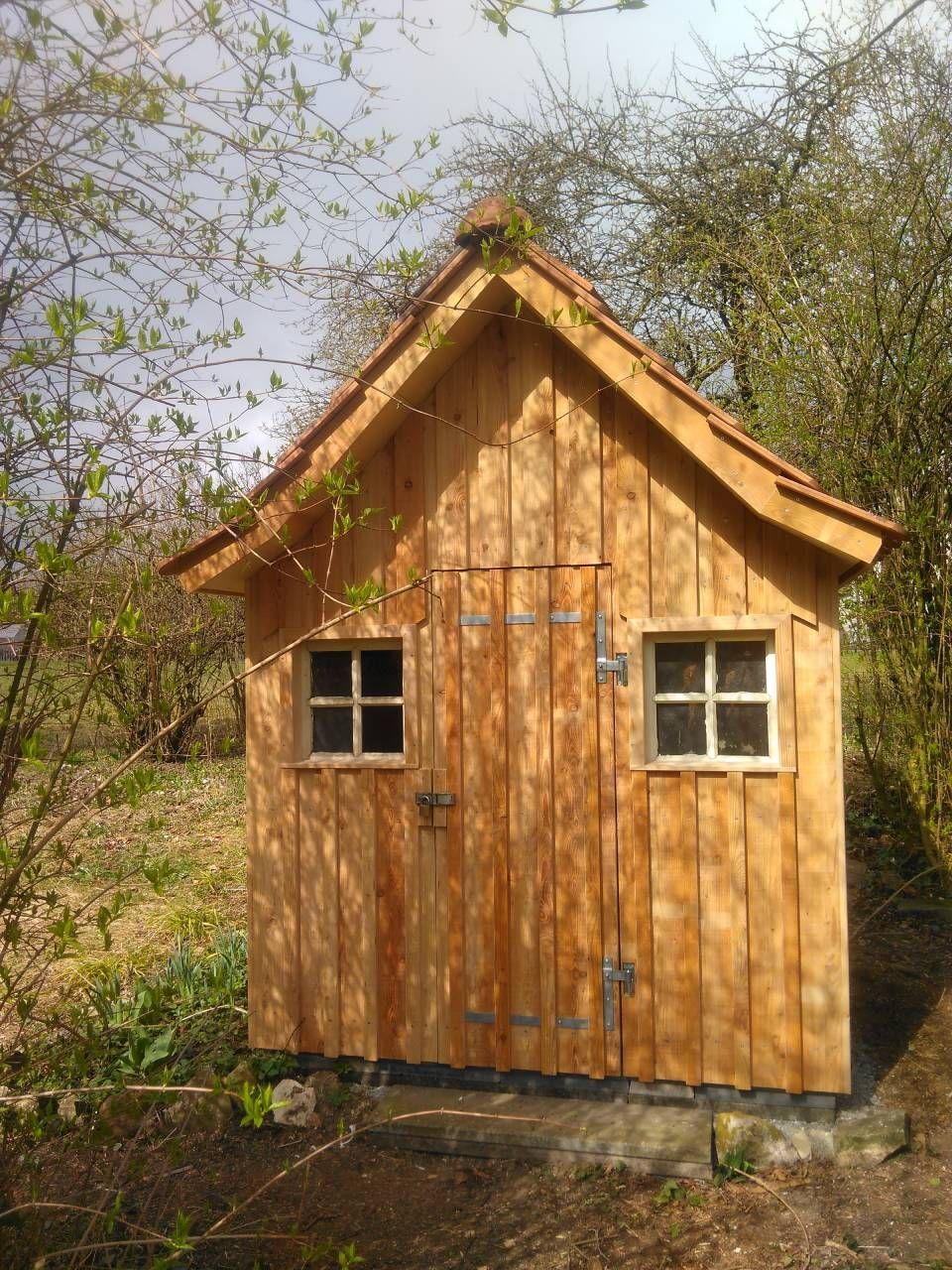 Kleiner Holzschuppen mit zwei Fenstern und einem Satteldach in einem grasbewachsenen Waldgebiet.