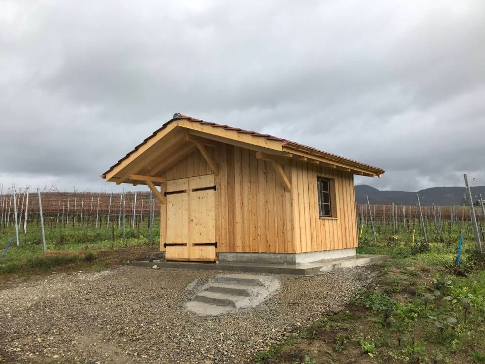 Kleiner Holzschuppen mit schrägem Dach auf einem Kiesweg in einem nebligen ländlichen Feld.