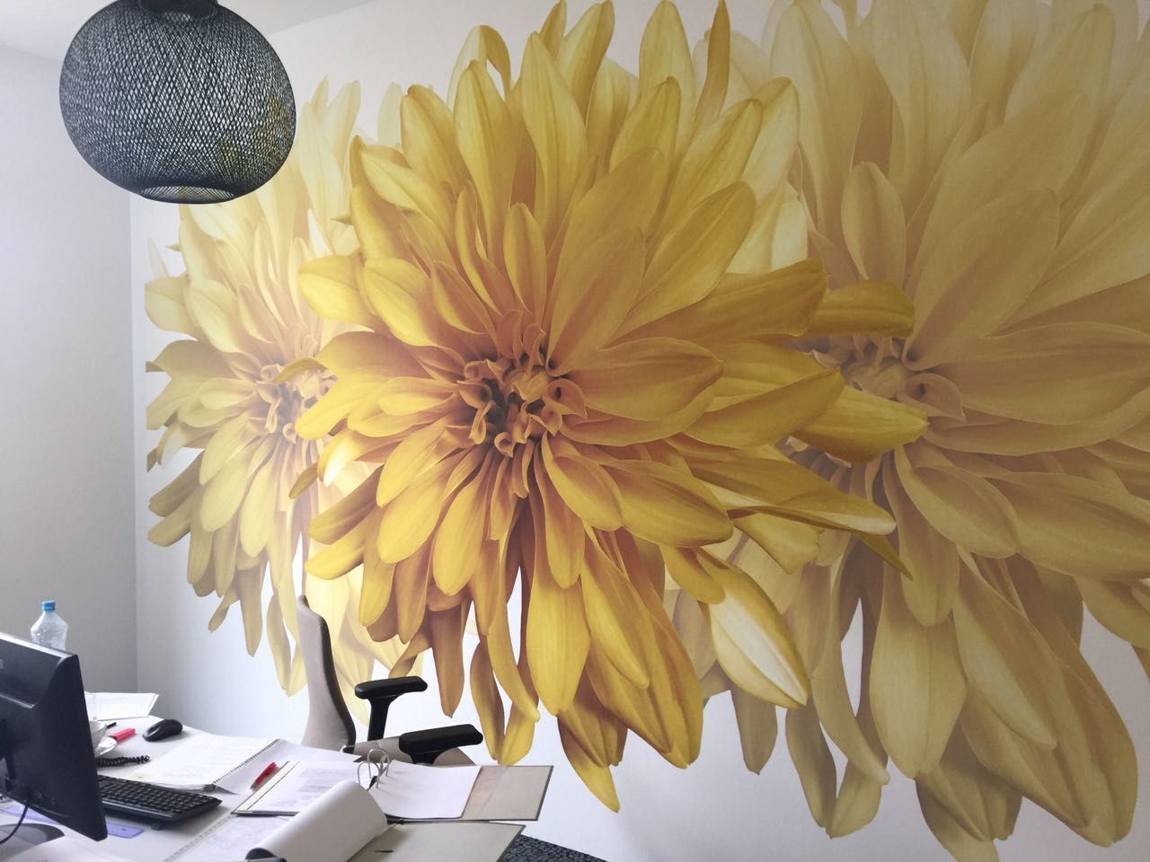 Eine Tapete mit Bumenmotiv im Büro