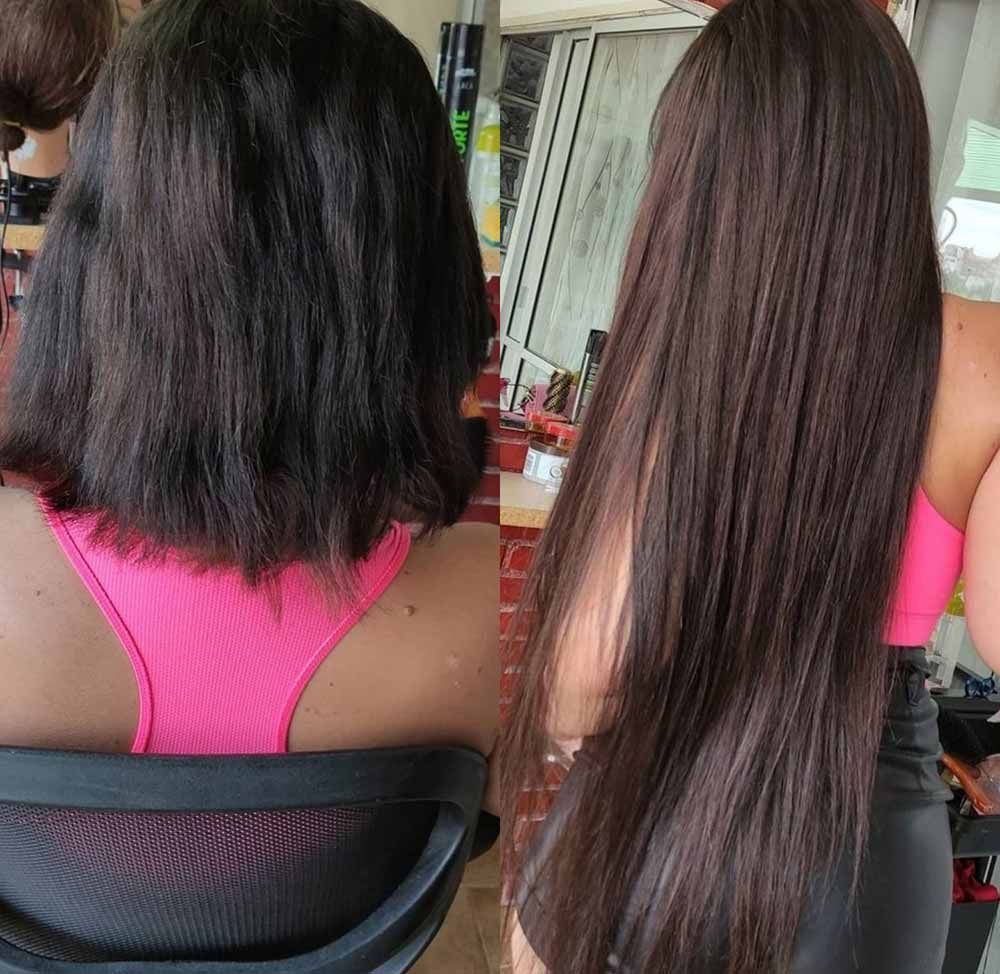 Una foto de antes y después del cabello de una mujer.