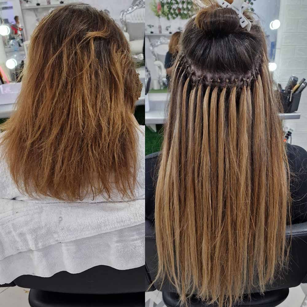 Una foto de antes y después de las extensiones de cabello de una mujer.