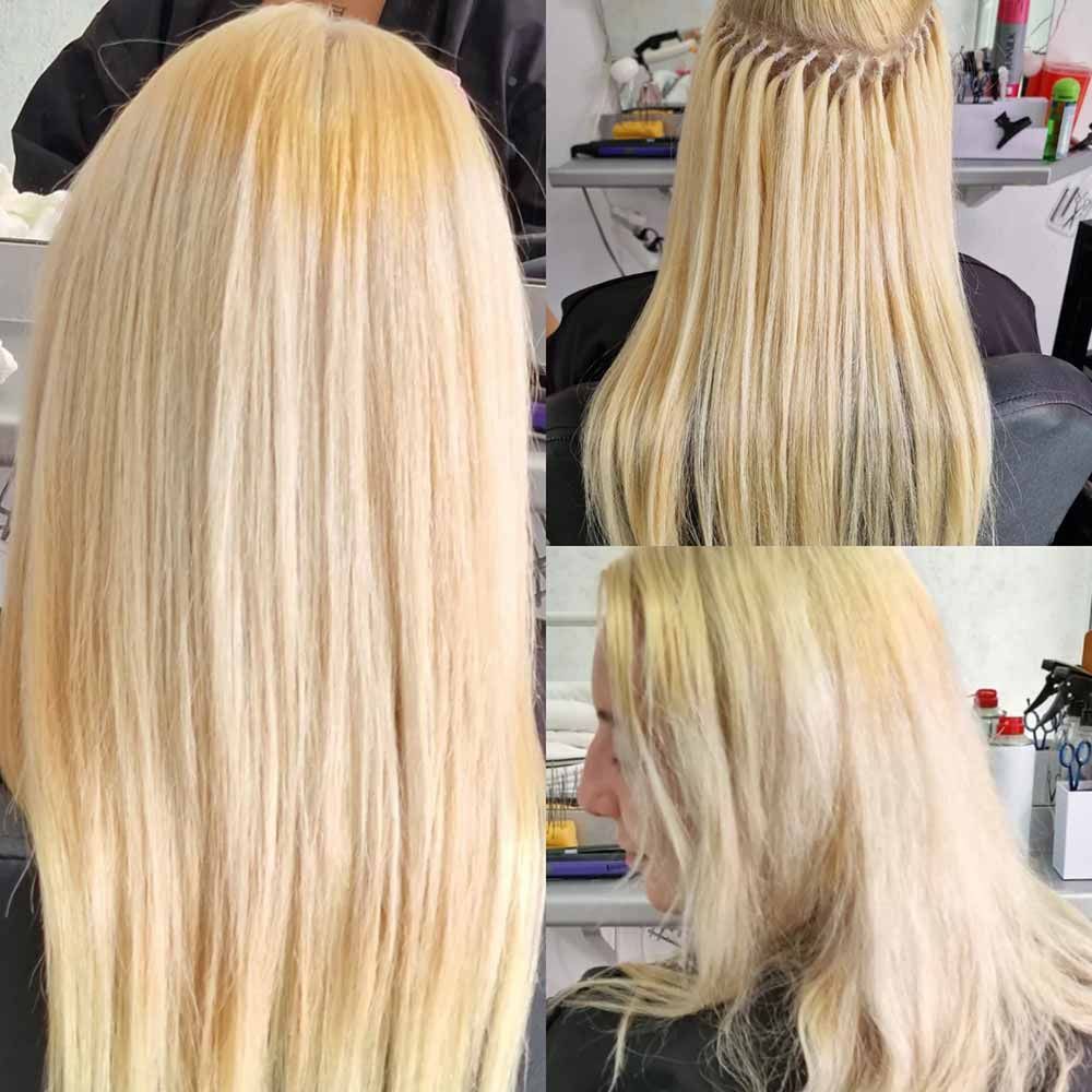 Una mujer con cabello rubio se está peinando