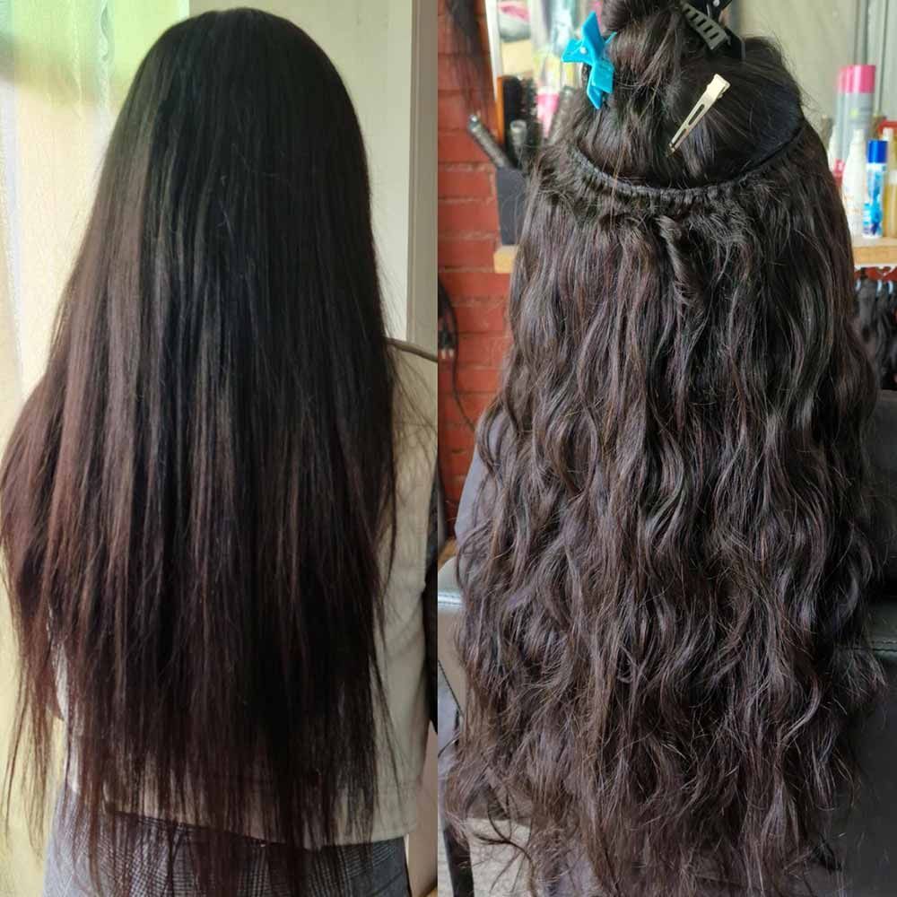 Una foto de antes y después del cabello de una mujer.