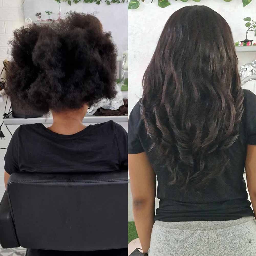 Una foto de antes y después del cabello de una mujer.