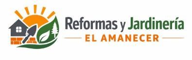 Logo with a house, trowel, sun, leaf, tree, and text "Reformas y Jardiner&iacute;a El Amanecer".