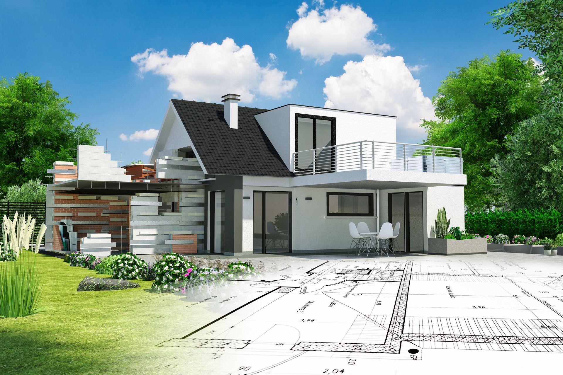Maison moderne à un étage avec un toit sombre, une façade blanche, une pelouse verte et un ciel bleu nuageux.
