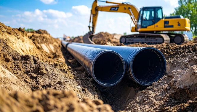 Une excavatrice se trouve à côté de gros tuyaux noirs dans une tranchée sur un chantier de construction.